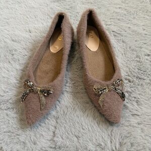 Faux Fur Pointed Toe Ballet Flats Rhinestone Bow Tan Women’s 6 Winter Warm Flats